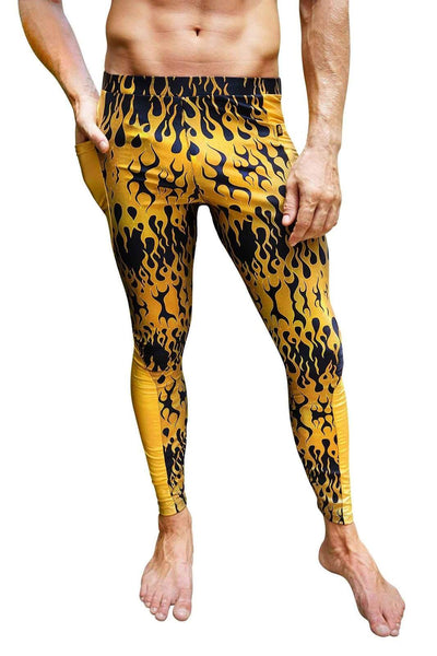 Blaze flame print Black and Gold Meggings with Pockets from Love Khaos Festival Clothing Brand