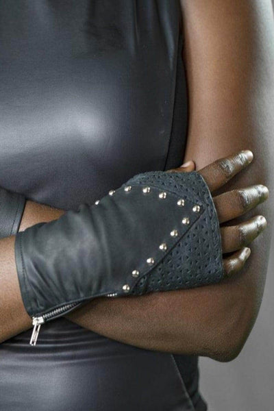 Love Khaos black leather fingerless gloves with studs