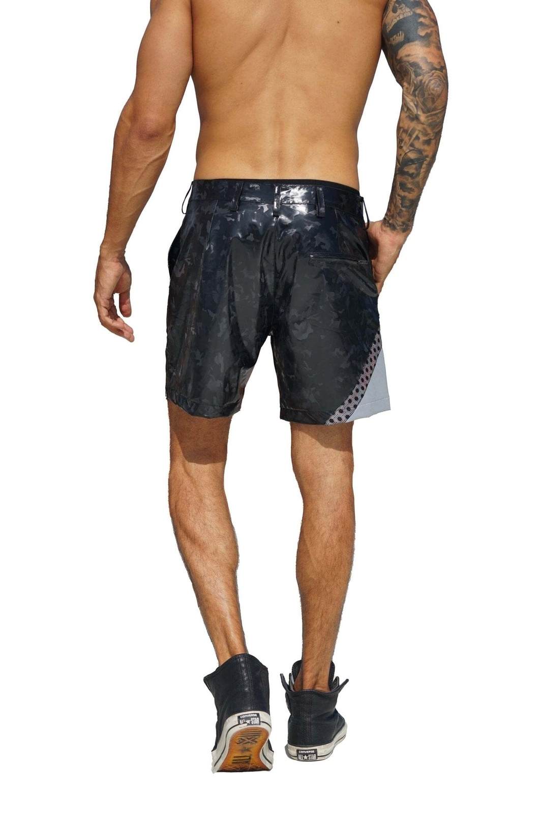 Mens Black Camo Shorts with reflective panel from Love Khaos Festival Clothing & Streetwear brand