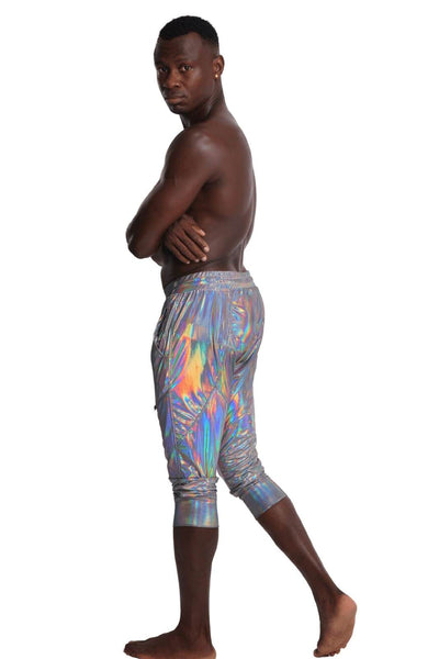 Mens 3 quarter length shorts in holographic Chromatic spandex from Love Khaos