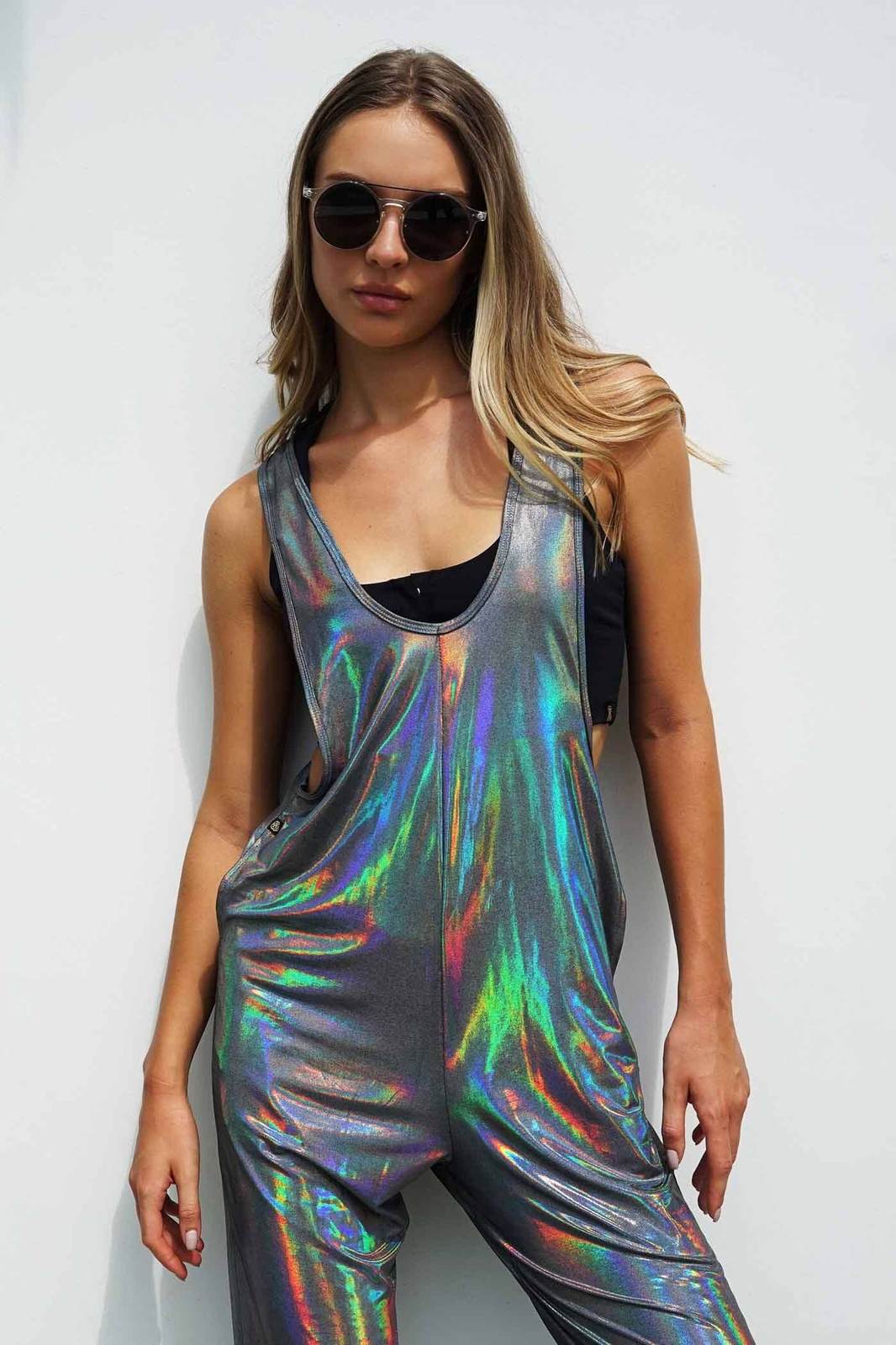 Chromatic Womens Holographic Festival Overalls from Love Khaos Rave Clothing website
