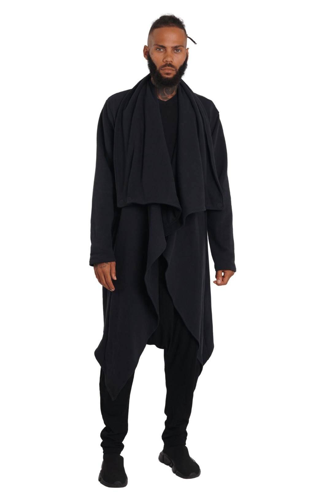 Mens high collar coat in black organic cotton from Ekoluxe