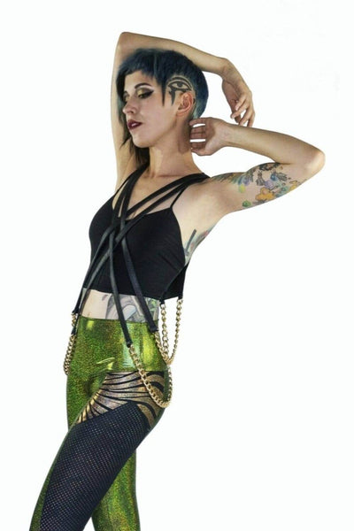 Festival style Black and gold leather harness with gold body chains by Love Khaos