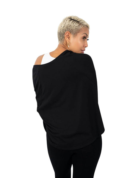 Black off the shoulder lounge wear poncho top by Ekoluxe Sustainable Fashion Brand