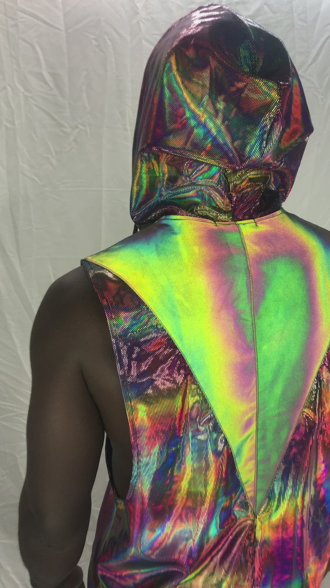 Holographic Rainbow Reflective Mens rave shirt with hood from Love Khaos Mens Festival Clothing Brand.
