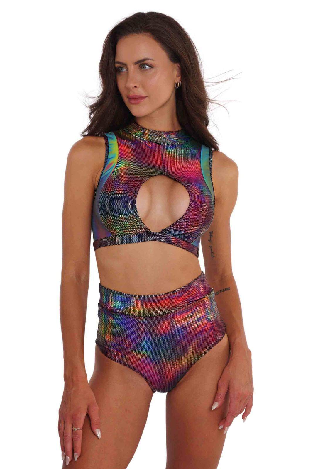 Rainbow Holographic Fantasia Keyhole Crop Top in Techno Color from Love Khaos