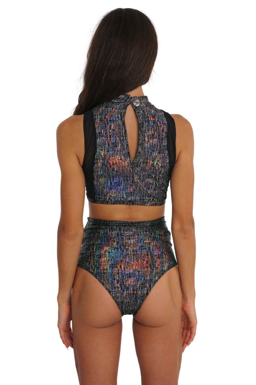 Fantasia keyhole crop top in holographic silver matrix fabric from Love Khaos