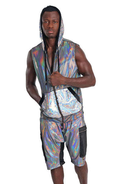 Holographic silver Mens Harem Shorts from Love Khaos