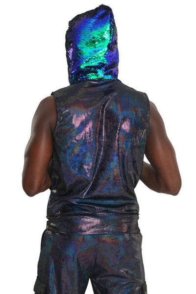 Mens sleeveless hoodie in holographic black panther velvet from Love Khaos.