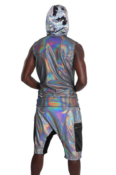 Holographic silver Mens Harem Shorts from Love Khaos