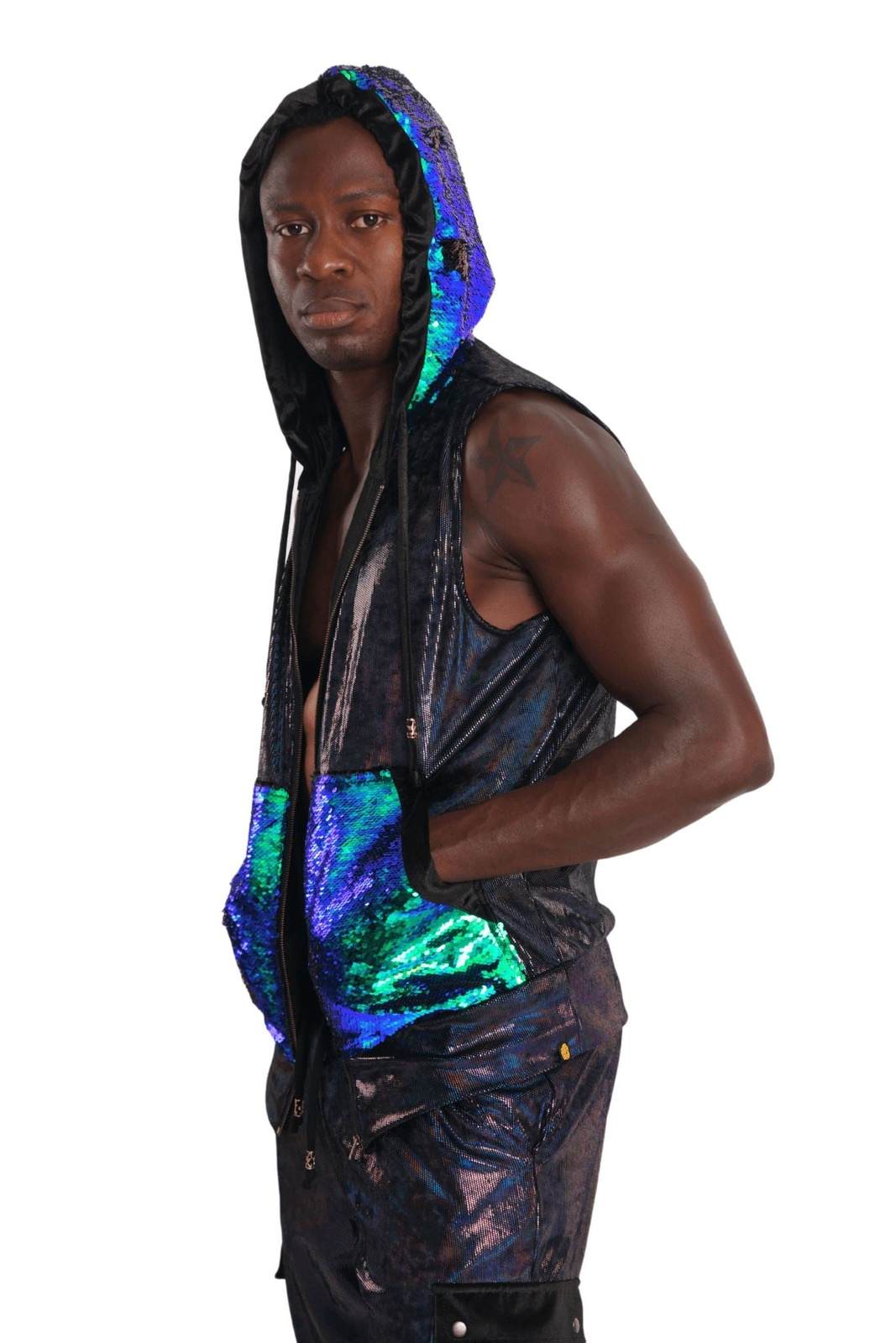 Mens sleeveless hoodie in holographic black panther velvet from Love Khaos.