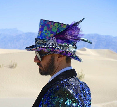 Custom Purple Sequin Top hat style Festival Hat for burning man by Love Khaos Festival Clothing