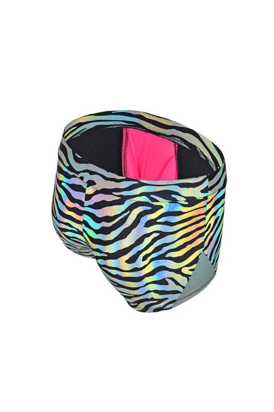 Holographic Silver Zebra print Mens Booty Shorts with pouch from Love Khaos