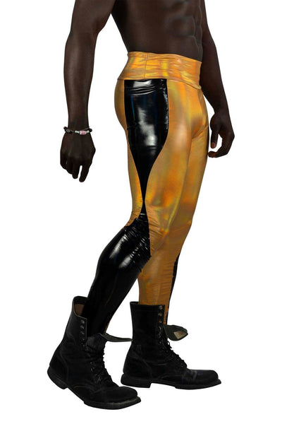 Holographic Gold Mens Rave Pants with Pockets by Love Khaos mens festival clothing brand.