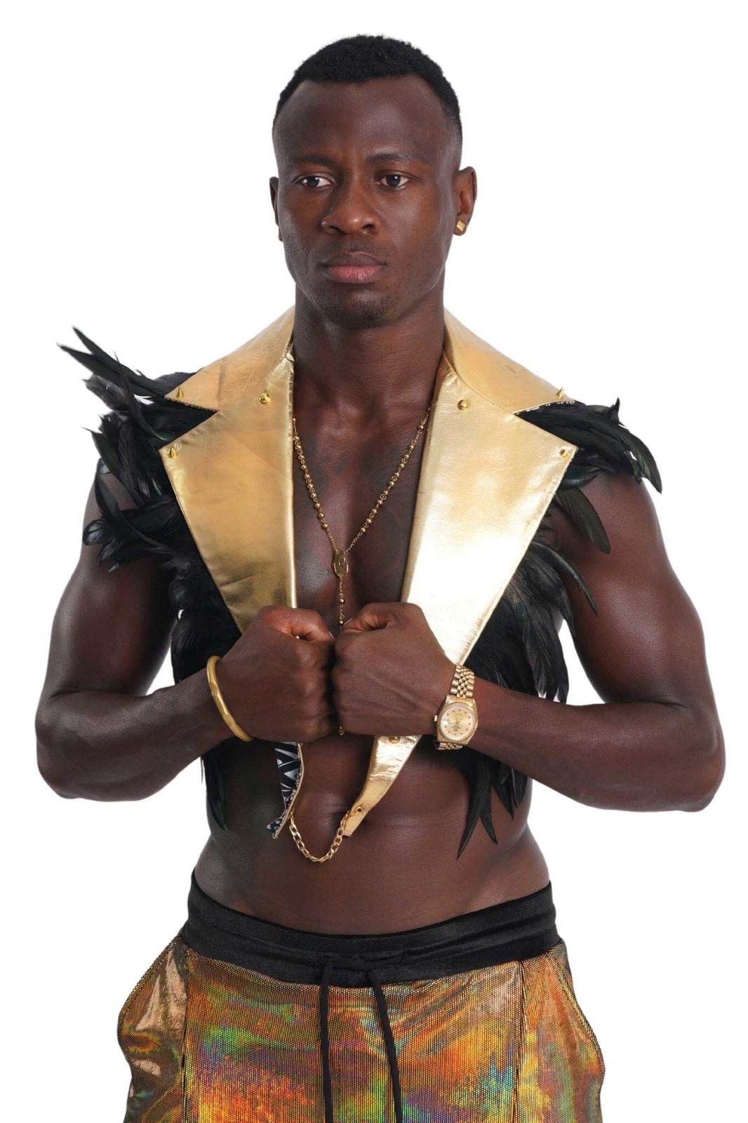Mens feather vest with gold leather from Love Khaos