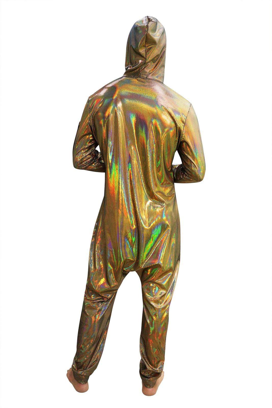 Mens gold jumpsuit in holographic gold velvet from Love Khaos festival clothing brand.