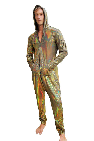 Mens gold jumpsuit in holographic gold velvet from Love Khaos festival clothing brand.