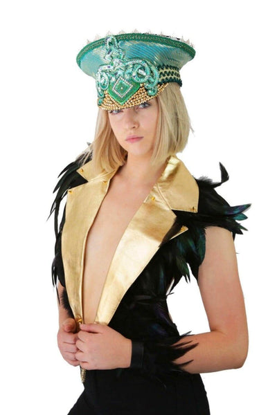 Gold Festival top with feathers for burning man by Love Khaos festival clothing