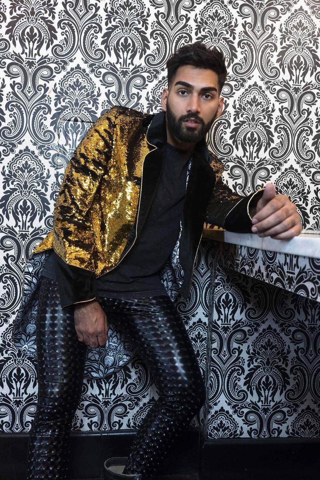 Mens black and gold Sequin jacket by Love Khaos mens festival clothing brand