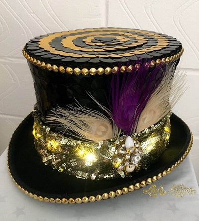 Black and Gold sequin LED top hat with feathers for festival wear by Love Khaos