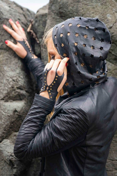 Black Leather Fingerless Gloves by Love Khaos