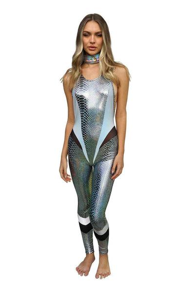 High Voltage Silver Snakeskin Catsuit from Love Khaos Rave Clothing Website