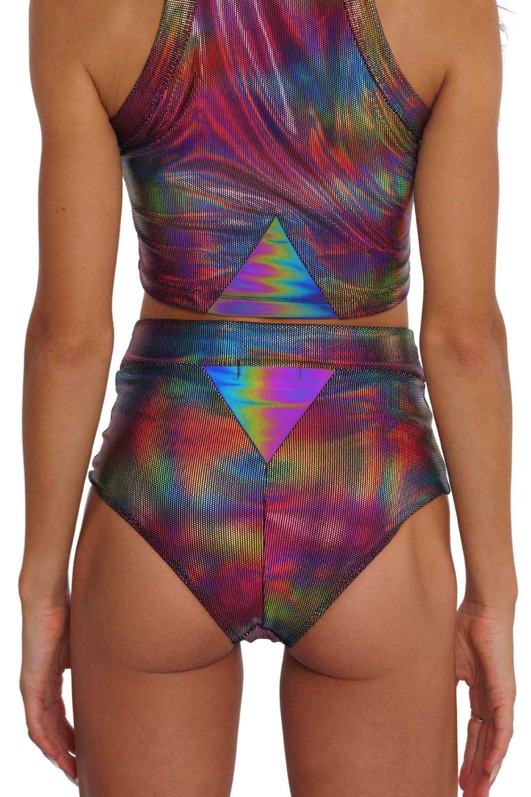 High waisted hot pants in rainbow techno color spandex with reflective panels from Love Khaos