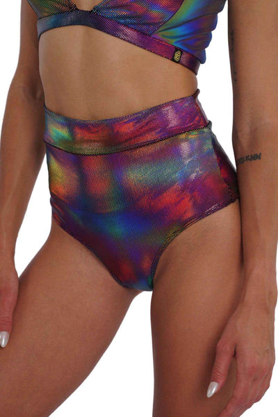 High waisted hot pants in rainbow techno color spandex with reflective panels from Love Khaos