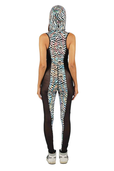 Zip front holographic zebra catsuit from Love Khaos