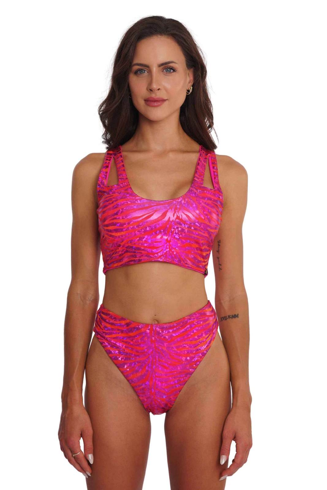 Bliss High Cut Hot Pink Rave Bottoms with reflective panel from Love Khaos