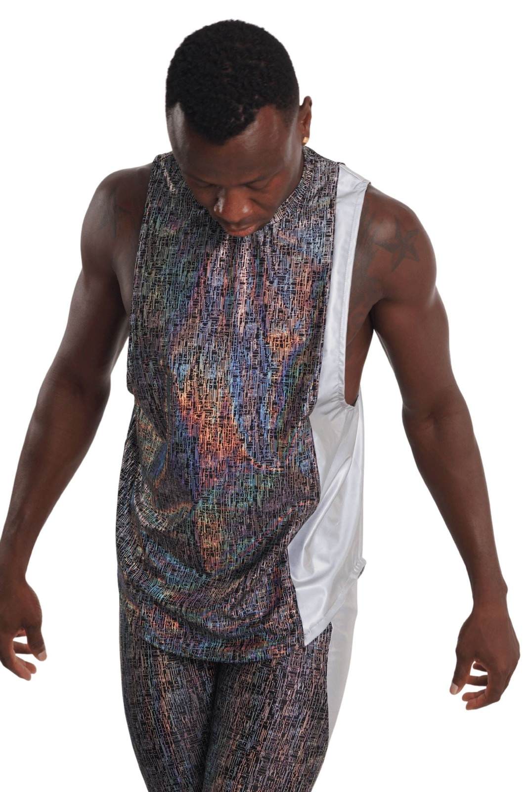 The Hot Shot mens rave top in holographic silver matrix fabric from Love Khaos