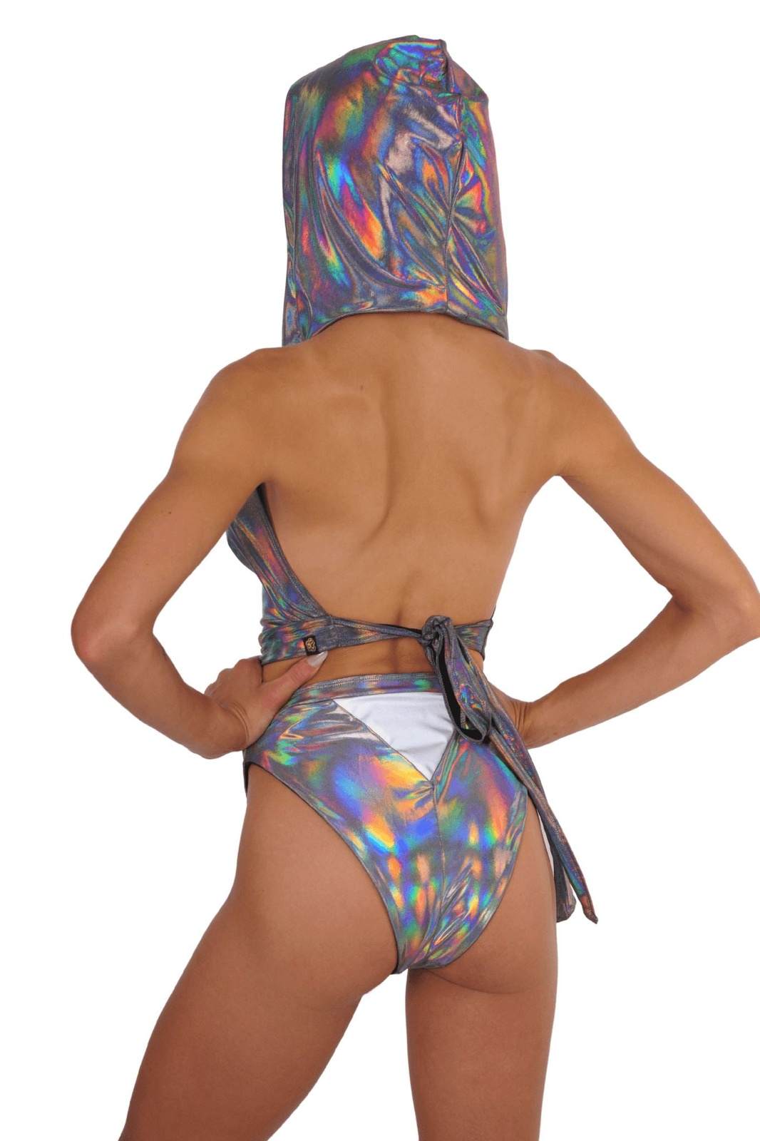 Layla Holographic Cowl Neck Crop Top Holographic Outfit from Love Khaos Rave Clothing Website