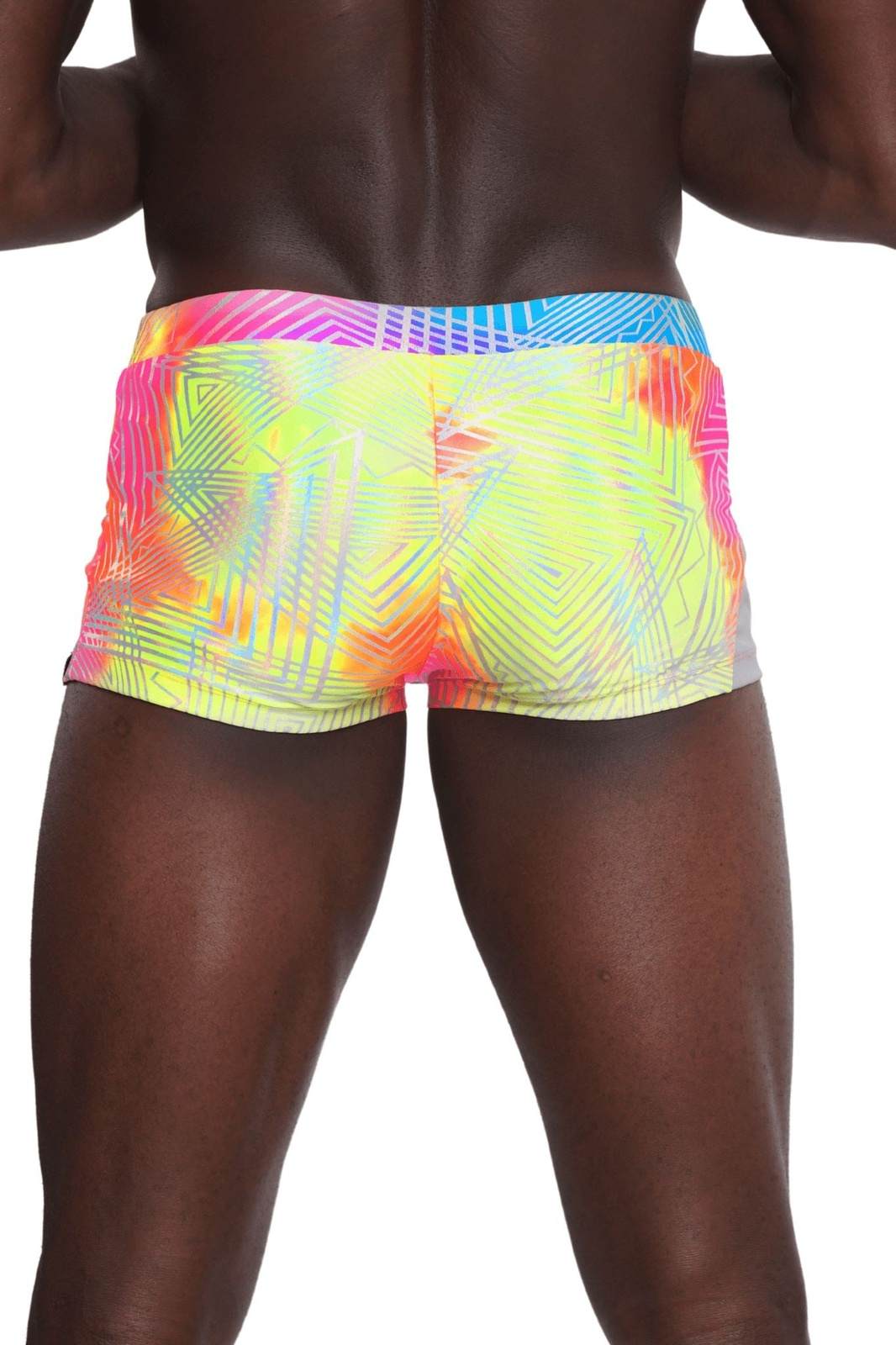 Mens Booty Shorts with a pouch in psychedelic rainbow neon tie dye spandex from Love Khaos