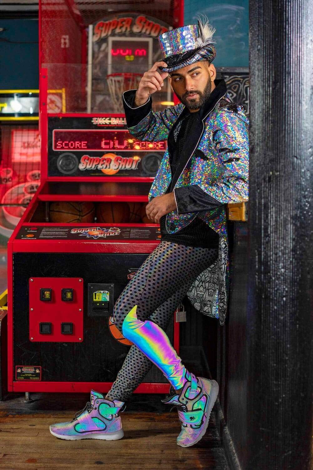 Mens reflective Leggings with Pockets and holographic sequin blazer by Love Khaos