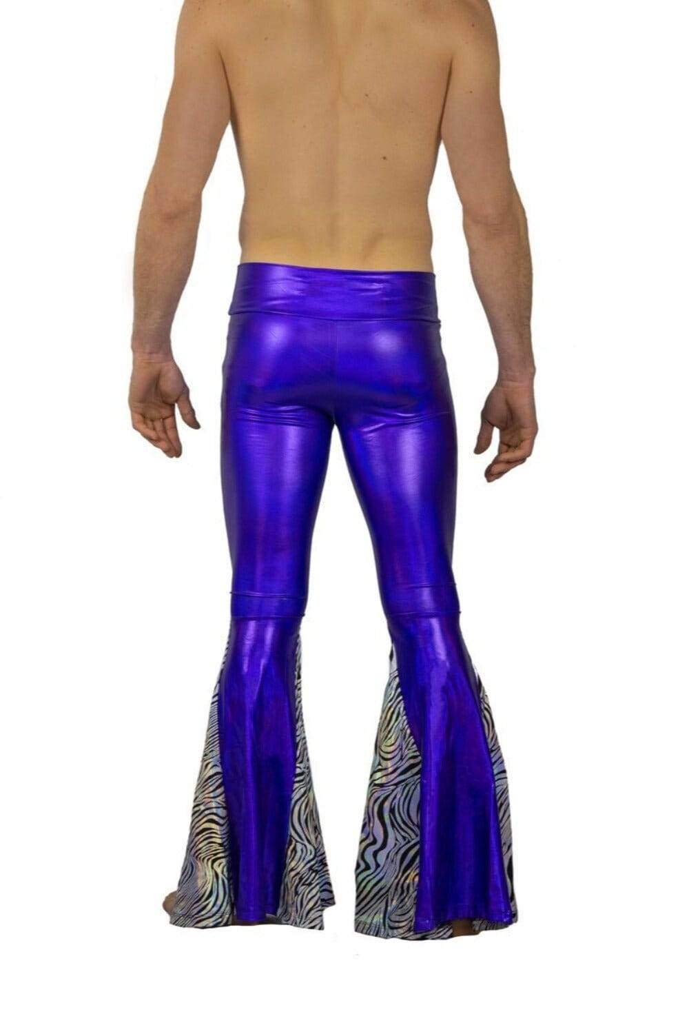 Holographic purple bell bottoms with Zebra print panels by Love Khaos