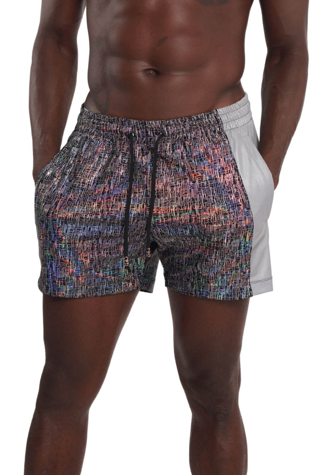 Mens holographic silver drawstring shorts with liner for festival wear from Love Khaos.