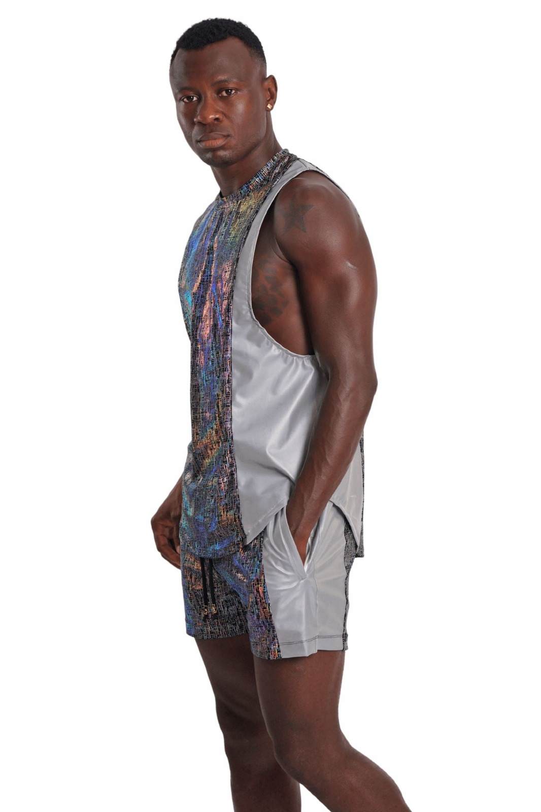 The Hot Shot Tank Top in holographic silver matrix fabric from Love Khaos