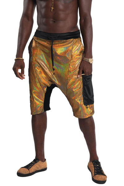 Holographic Gold Mens Harem shorts from Love Khaos