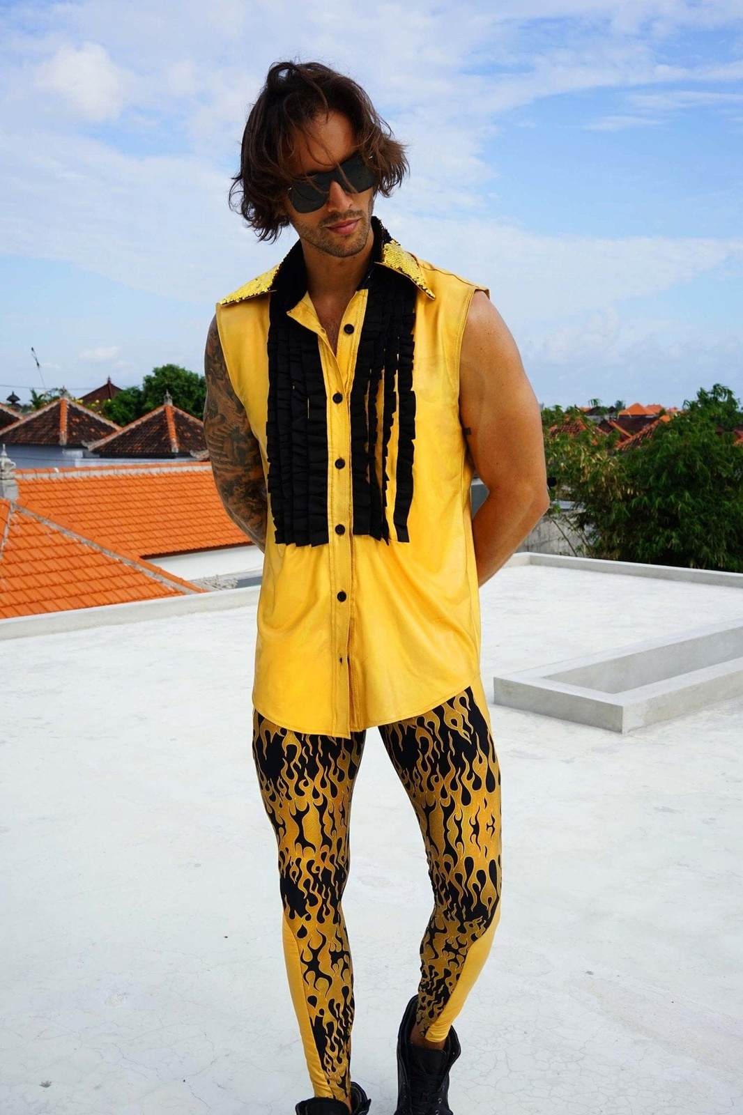 Holographic Gold Ruffle Tuxedo Shirt Love Khaos Rave Wear