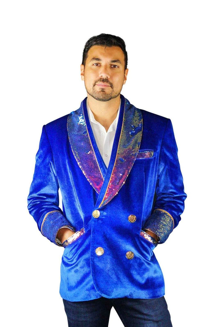 Mens Blue Velvet Smoking Jacket with Sequins Love Khaos