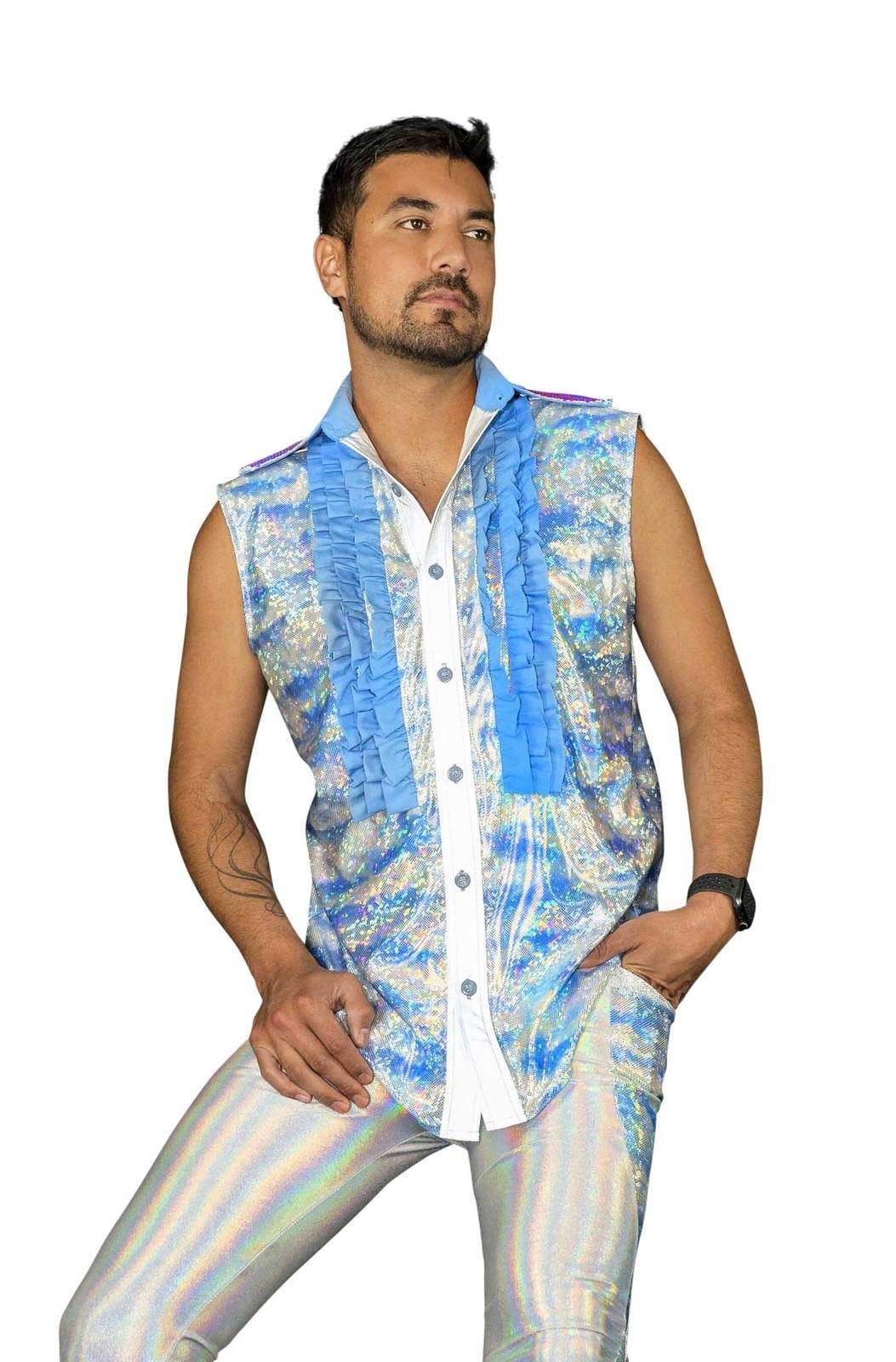 Holographic Powder Blue Ruffled Tuxedo Shirt from Love Khaos Festival Clothing Brand.