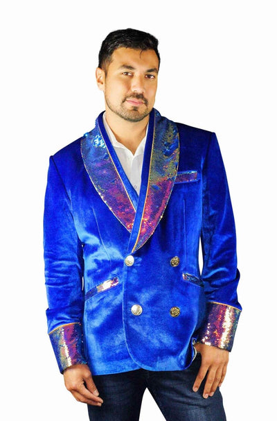 Mens blue velvet smoking jacket with iridescent gold sequins by Love Khaos Festival Clothing Brand
