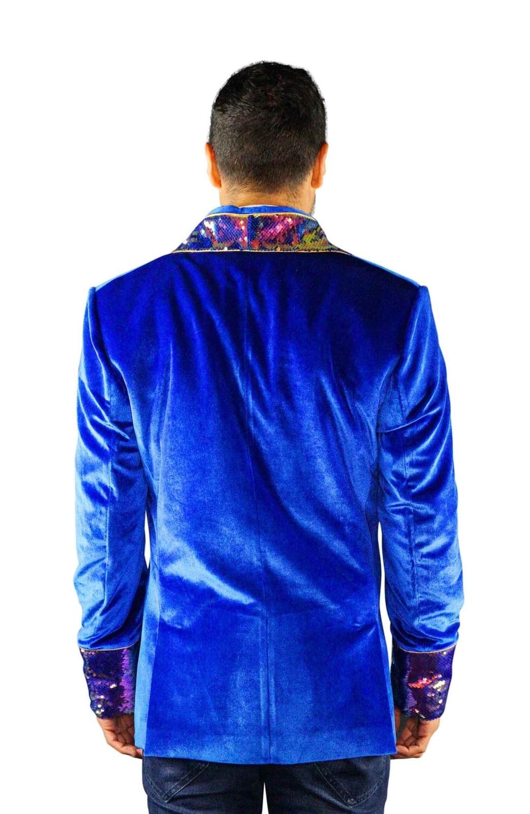 Mens blue velvet smoking jacket with iridescent gold sequins by Love Khaos Festival Wear Brand