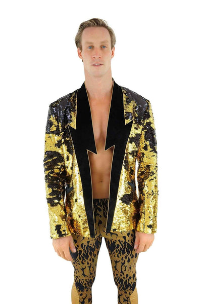 Mens Gold Blazer with Lightning Bolts from Love Khaos Festival Clothing Brand