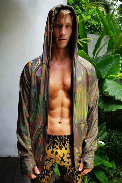 Mens gold hoodie in holographic velvet from Love Khaos mens festival clothing website
