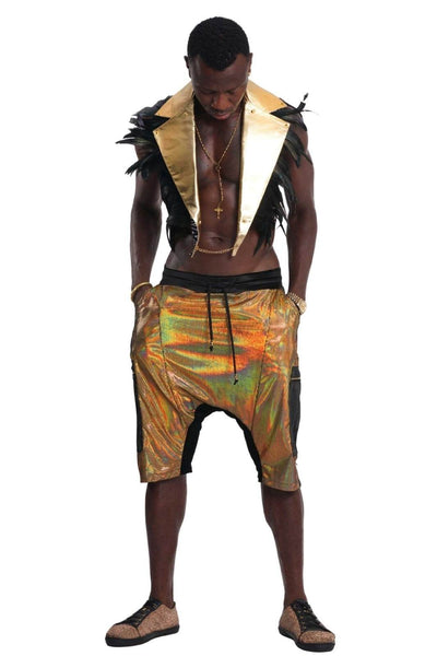 Holographic Gold Mens Harem shorts from Love Khaos