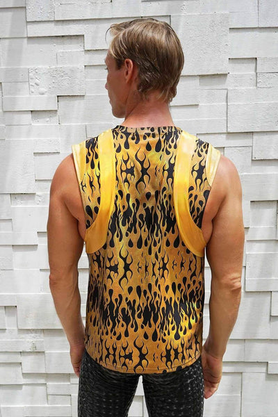 Mens Gold Tank Top with Holographic Flames from Love Khaos Mens Rave Outfit Clothing Website