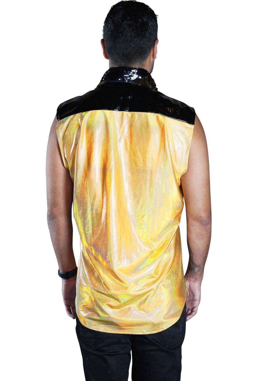 Black and Holographic Gold Ruffle Tuxedo Shirt from Love Khaos Festival Clothing brand.