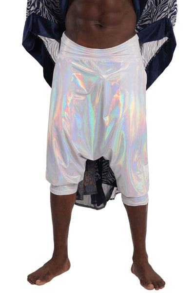 Mens rave harem pants in frosted holographic white from Love Khaos Rave Clothing Website