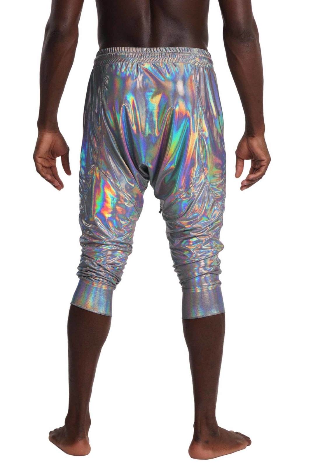 Mens 3 quarter length shorts in holographic Chromatic spandex from Love Khaos